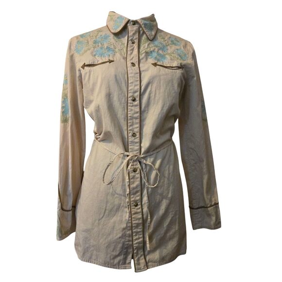 Tasha Polizzi S Cotton Tunic Belt Turquoise Embroidered Shirt Western Rockabilly - Picture 1 of 12